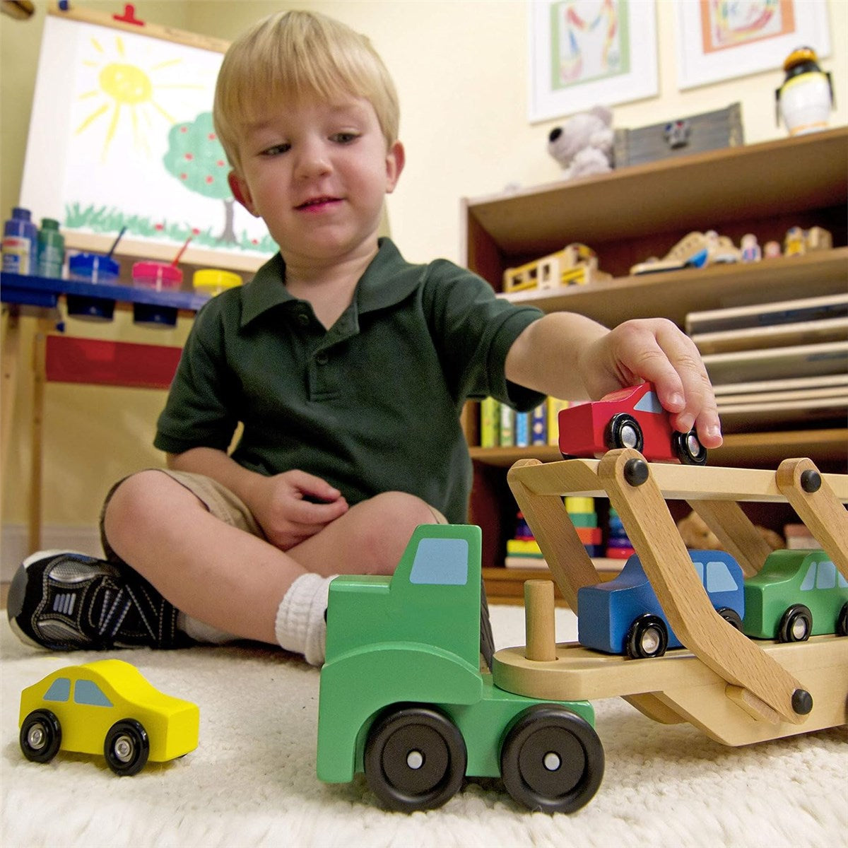 Melissa & Doug Wooden Car Transporter Toy Truck & Cars