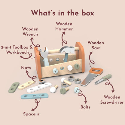 Speedy Monkey Wooden 2-in-1 Toolbox & Workbench with Accessories – Compact DIY Playset for Kids