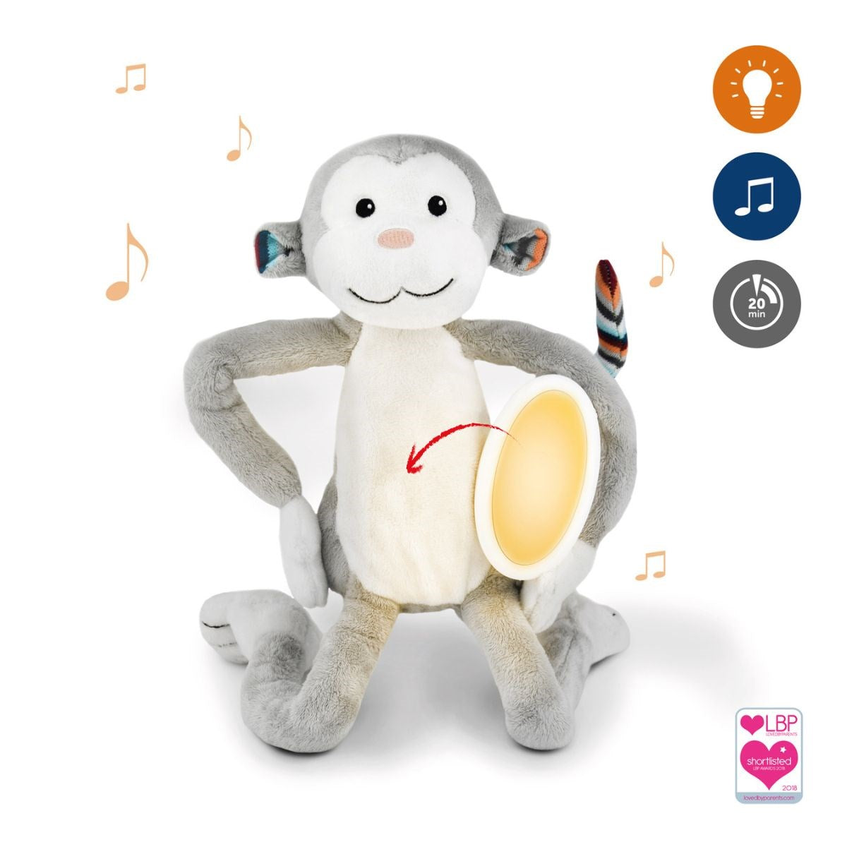 ZAZU Max the Monkey Soft Toy Nightlight with Melodies & Glow