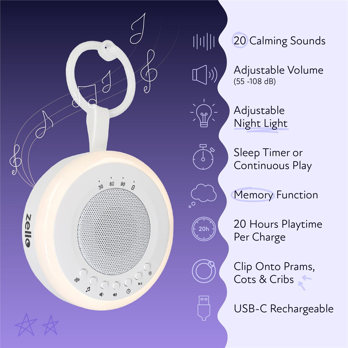 Zello Portable White Noise Machine Baby Sleep Aid – Simple Sound Machine with Gentle Night Light, Rechargeable for Home, Travel, Pram, Pushchair & Nursery