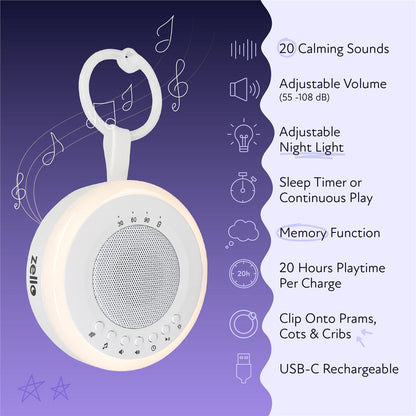 Zello Portable White Noise Machine Baby Sleep Aid – Simple Sound Machine with Gentle Night Light, Rechargeable for Home, Travel, Pram, Pushchair & Nursery