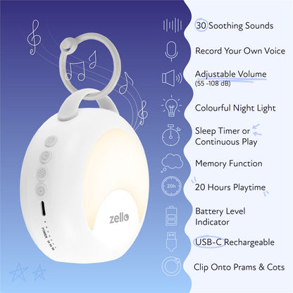Zello Portable White Noise Machine 30 Soothing Sounds 7 Colour Moon Nightlight Sleep Timer 20hr Battery Voice Record Memory Function Sleep Timer Sound Machine Travel Pram Pushchair Cot Nursery