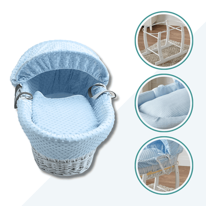 Blue Waffle White Wicker Baby Moses Basket With Stand